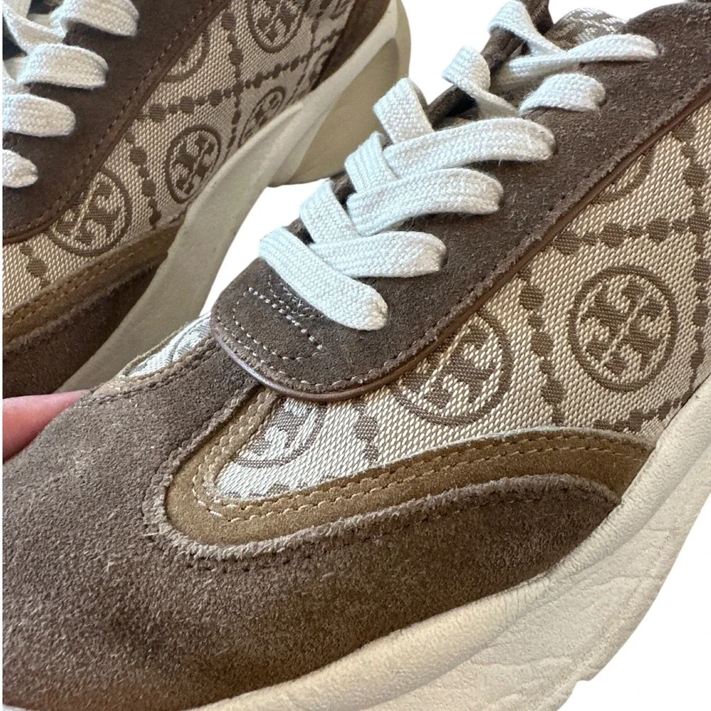 Tory Burch Good Luck T-Monogram Trainer Brown Suede Chunky Sneakers 8.5
